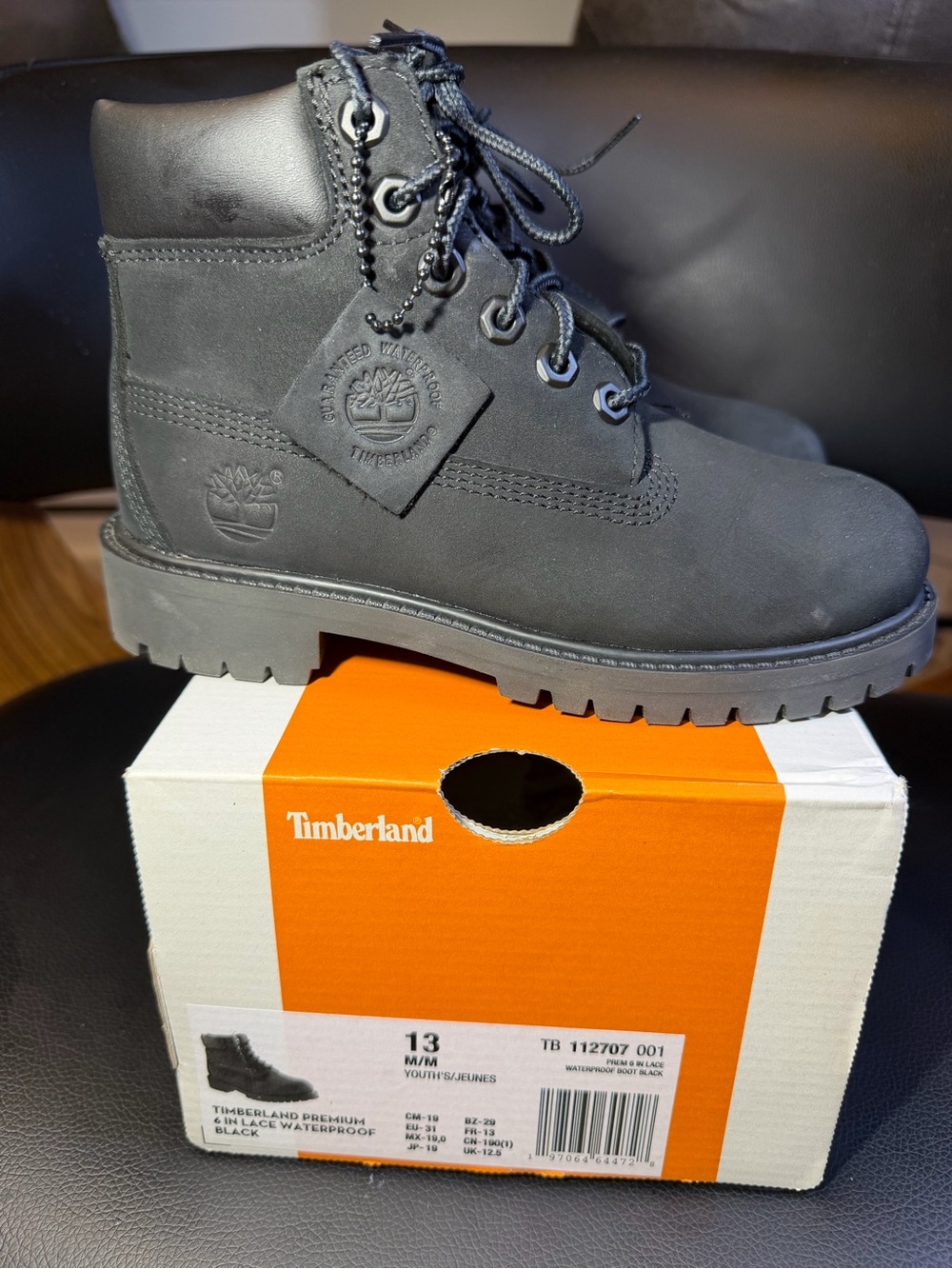 Timberland Premium 6 Inch Waterproof Boots Color Black Nubuck Size 13 Youth’s